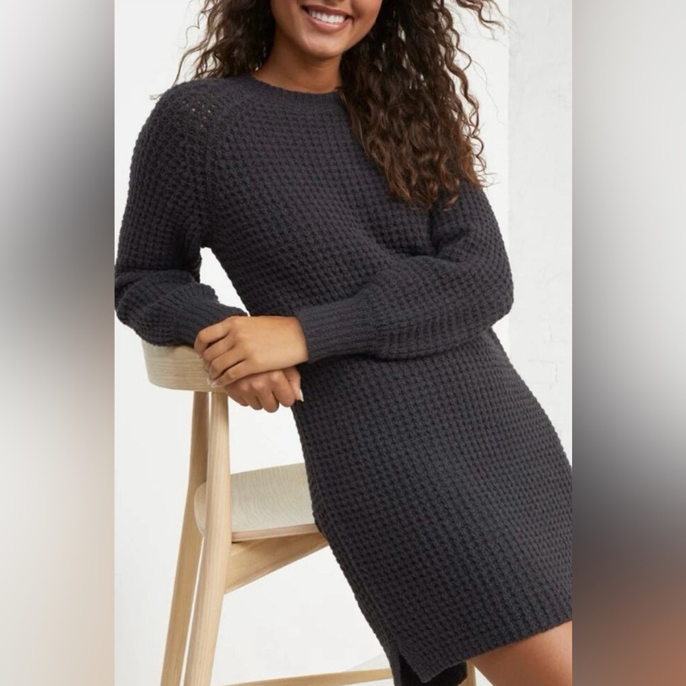 UpWest Light Black Textured Sweater Dress Comfy Boho Soft Eco Recycled Cotton